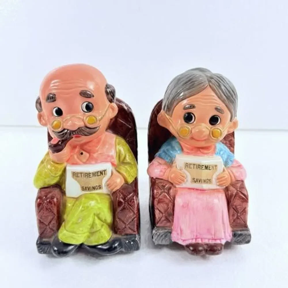 Vintage Japanese Elderly Couple Retirement Savings Piggy Banks Grandma & Grandpa